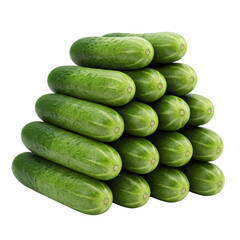 Group of cucumbers with one cut in half showing texture inside, on transparent background, perfect for digital food illustrations or web graphics.