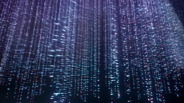 A glowing stream of binary digits cascades downward, forming abstract tech patterns in a futuristic digital flow.