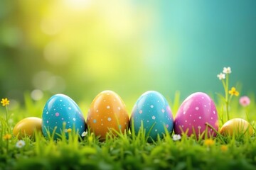 Fototapeta premium Joyful Easter eggs in vibrant colors, nestled in spring grass A cheerful springtime scene , springtime, painted eggs