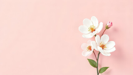 Fototapeta premium White delicate flowers with graceful petals on a pink background. Blooming primroses. Copy space for text.