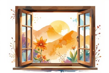 imagine a stunning watercolor clipart illustration set against a pristine white background, the scene is viewed through a window, adding an intriguing layer of depth and perspective