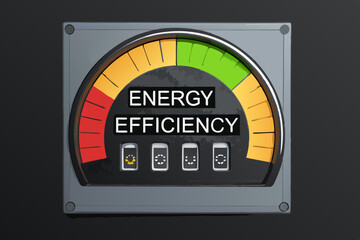 Design a vibrant energy efficiency meter featuring bold, contrasting color segments to visually represent energy consumption levels.  Include clear numerical indicators.