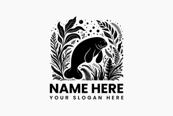 Monochrome silhouette of a happy manatee swimming peacefully amongst various aquatic plants and rising bubbles on a white backdrop. Marine life illustration concept