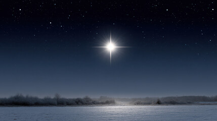 Naklejka premium solitary star shines brightly against serene christmas landscape surrounded by soft snowflakes and twinkling lights