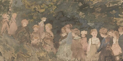 Children of all ages gather in a peaceful, natural setting, engaged in playful activities and joyful camaraderie, captured in a loose, sketch-like style.