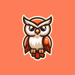 Owl mascot cartoon character design for logo template, animal mascot emblem, predator wings illustration, wise bigeyes nocturnal bird, nature cute drawing, expressive creative badge art