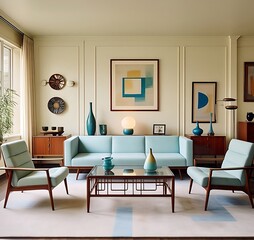 mid century modern open living room with retro 
