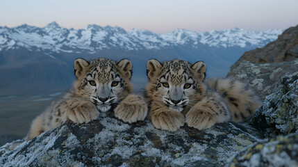 Fototapeta premium Two adorable snow leopard cubs rest on a rock, majestic mountains in the background at sunset. A breathtaking wildlife scene.