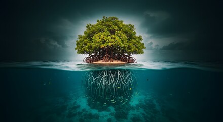 Obraz premium Enigmatic Mangrove Island: A Breathtaking Underwater and Above-Water View of a Lush Mangrove Ecosystem