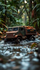 Miniature off-road vehicle navigating through lush jungle stream scene detailed and vibrant