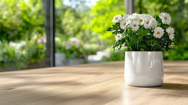 Daisy Flowers in White Pot on Wooden Table