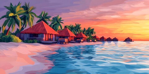 Obraz premium Colorful sunset view of tropical beach huts.