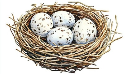 A Beautiful Watercolor Painting of a Bird's Nest with Eggs