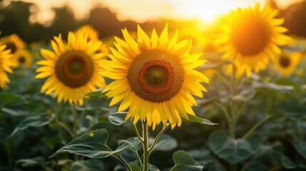 Obraz premium Golden Hour Sunflowers: A Vibrant Sunset Field
