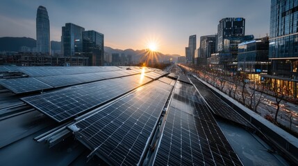 Fototapeta premium Modern rooftop solar panels capture golden sunlight at dusk, showcasing sustainable energy in an urban landscape