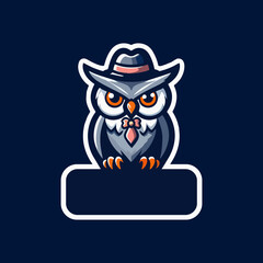 Owl mascot logo cartoon character vector for predator night bird illustration, wings and feather graphic, bigeyes wildlife symbol, flat cute animal badge, animated drawing creative template