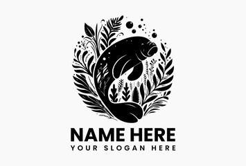 Obraz premium Cheerful manatee vector silhouette gliding through underwater plants with rising bubbles on clean white background. Aquatic life logo