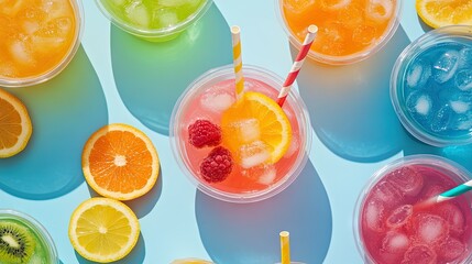 Flat lay of colorful Italian sodas in plastic cups surrounded by fruit slices and straws on a picnic blanket