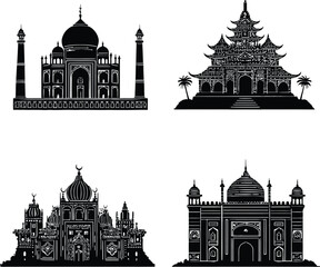 Black and White Vector Illustration Featuring Four Iconic Architectural Landmarks: Taj Mahal, Traditional Asian Pagoda, Intricate Palace, and Another View of the Taj Mahal with Minarets
