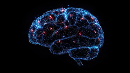 A human brain with glowing blue and red lights, against a black background.
