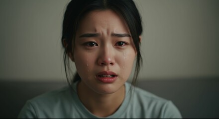 Distressed young woman shedding tears during a difficult video call situation