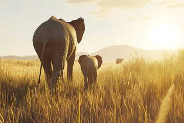 Elephant family walking through golden grassland at sunset wildlife and nature photography showing animal behavior