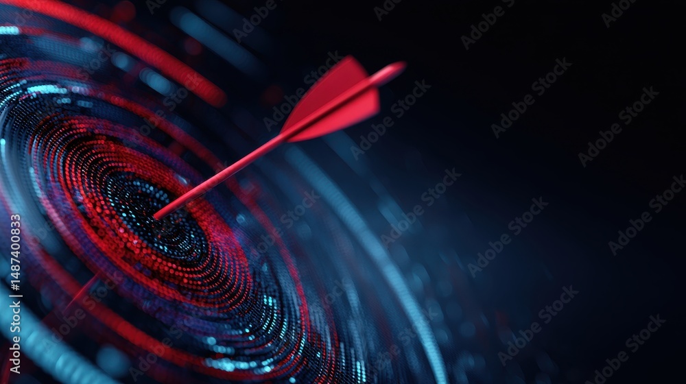 Poster red arrow aiming at concentric circles with glowing dots in a dark background representing focus, pr