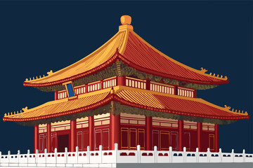 Fototapeta premium Create a vibrant vector illustration of a traditional Chinese temple, emphasizing bold red accents and intricate details. Include pagodas, ornate roofs, and decorative elements.