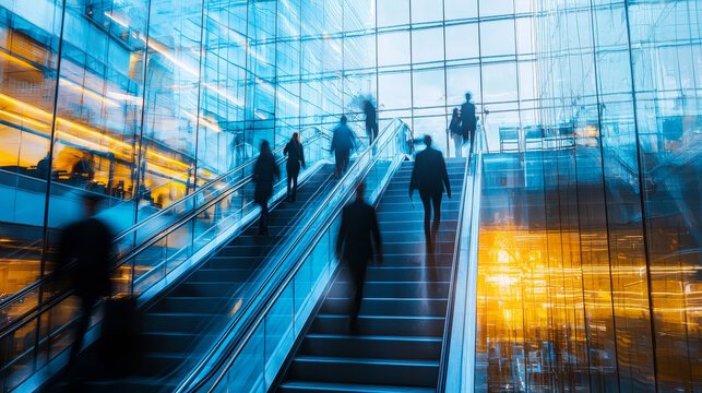blurred image of business professionals walking up and down stairs in a glass-and-steel-framed office building, capturing the motion