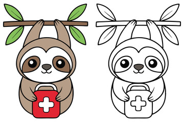 Cartoon sloth hangs from a branch and holds a red first aid kit vector