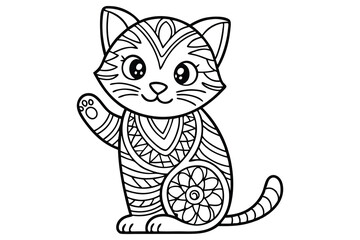 Decorated cartoon cat waving its paw while sitting with transparent background design