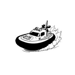 Naklejka premium Monochrome hovercraft illustration gliding over water, creating a dynamic scene