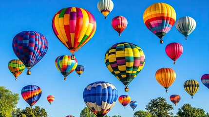 Helium balloons in vibrant hues gently drifting across a clear summer sky