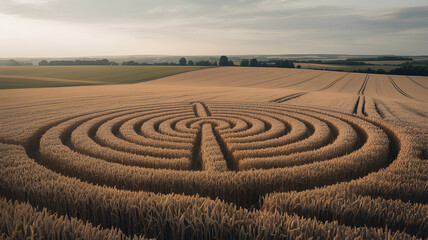 The aerial view captures a intricate crop circle in a golden wheat field, showcasing high detail, realistic textures, and natural lighting amidst the surrounding fields.