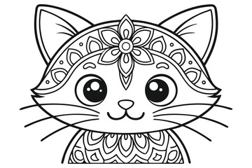 Ornamental kitten with big eyes shows floral crown on its head in black lines