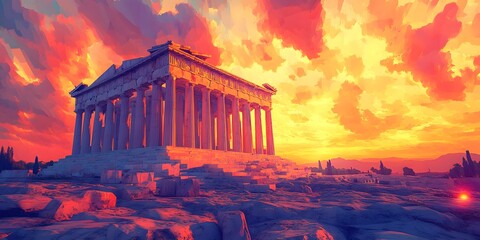 Obraz premium Colorful depiction of ancient structure at sunset.