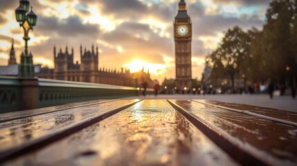 Obraz premium The contrast of a wooden surface against a famous London landmark.