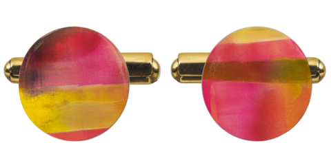 Pair of gold cufflinks with pink painted design, cut out transparent