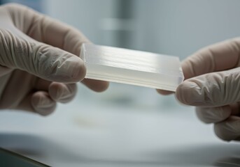 Advanced Polymer Insulation A Close-Up View of a Transparent Sample Piece Held by Gloved Hands in a Laboratory Setting.