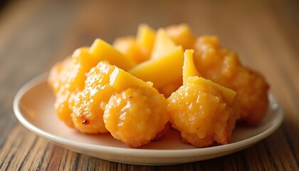 Serving of Sweet Fried Dumplings and Mango Pieces on Plate