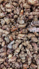 The image shows a close-up, high-angle view of a large pile of fresh turmeric roots. The turmeric pieces vary in size and shape, with their characteristic knobby and branched appearance.