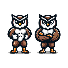Owl mascot vector illustration for predator bird character, nocturnal animal cartoon emblem, wings badge, beak and feather logo template, wildlife symbol, cute bigeyes expressive drawing art