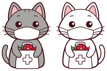 Two cartoon cats wearing masks are holding boxes filled with red flowers transparent background