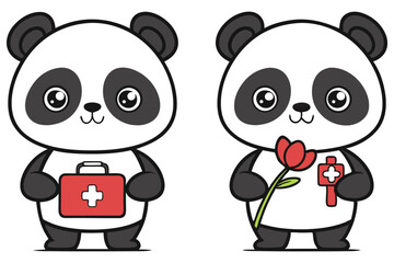 Two cartoon pandas, one holding a flower and one with a medical kit