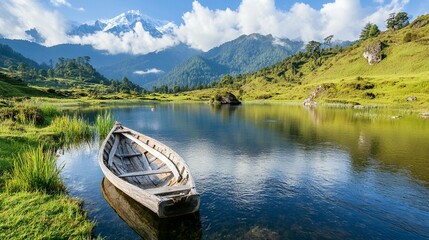 Obraz premium Tranquil lake nestled in a valley, with a wooden boat resting gently on the water's edge, reflecting the surrounding mountains. Lush green hills and a snow-capped peak in the background