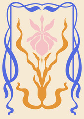 Art Nouveau style illustration vector poster. Vintage print design with flower, whimsical frame