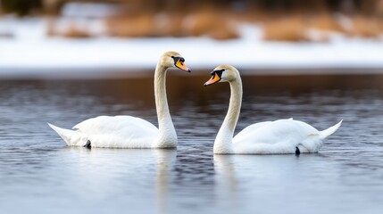 Fototapeta premium Romantic Swans on Winter Lake, Wildlife Photography