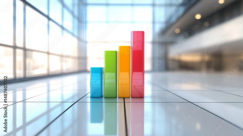 Poster d bar graph rising from a white glossy floor, vibrant color bars with smooth reflections and soft sh