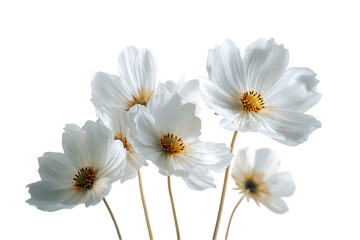 Fototapeta premium Five Delicate White Cosmos Flowers on Transparent Background, PNG
