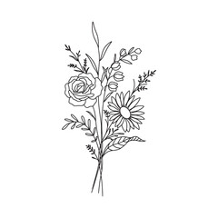 Wildflower bouquet vector. Rose flower bouquet. Hand drawn flower, wild plant, botanical vector illustration